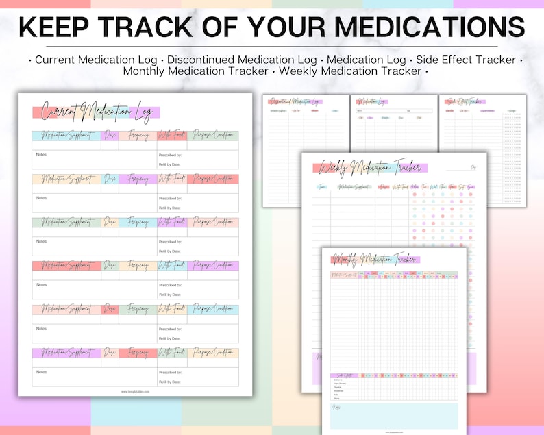 May include: Printable medication log pages with colorful headings. The pages include sections for current medication, discontinued medication, weekly medication, monthly medication, and side effects.