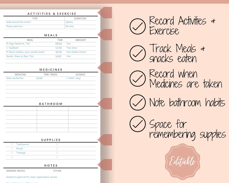 Caregiving Elderly Care Checklist. EDITABLE Printable is ideal for Caregivers. Daily cleaning, Daily Tasks, Housekeeping, Care log Template image 5