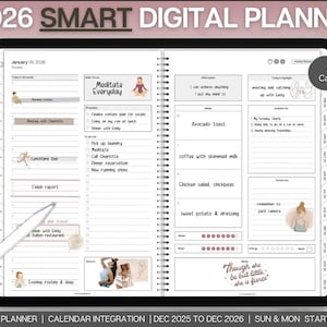 May include: A digital planner for 2026 displayed on a tablet, featuring a daily schedule layout with sections for tasks, notes, and affirmations. The planner includes Apple and Google calendar integration, with a Sunday and Monday start.