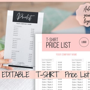Tshirt PRICE LIST Template Editable. Printable Price Sheet, Price Guide ...