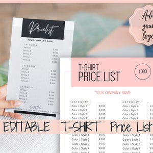 Tshirt PRICE LIST Template Editable. Printable Price Sheet - Etsy