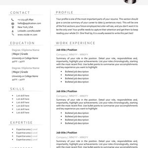 May include: A resume template with a professional headshot, contact information, education, skills, expertise, and interests sections. The template also includes a profile section and a work experience section with bullet points for job descriptions.