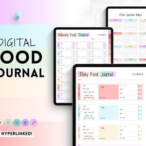 May include: A digital food journal with a weekly food tracker, daily food journal, and food journal index. The journal is designed with a pastel color scheme and includes hyperlinks.