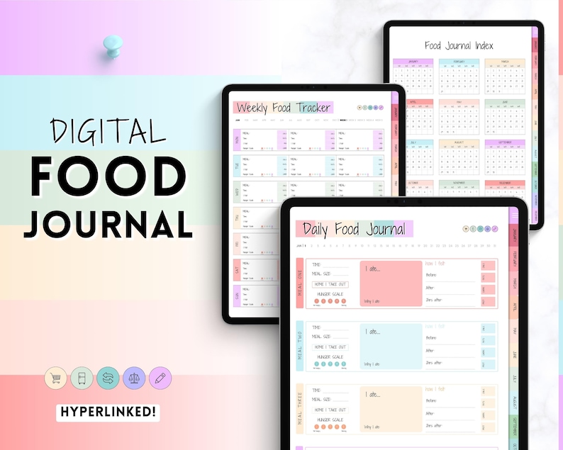 May include: A digital food journal with a weekly food tracker, daily food journal, and food journal index. The journal is designed with a pastel color scheme and includes hyperlinks.