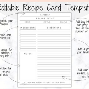 May include: A printable recipe card template with sections for recipe title, category, ingredients, directions, notes, prep time, cook time, and servings. The template also includes space for a photo of the finished dish and a note from the kitchen.