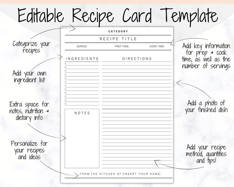 May include: A printable recipe card template with sections for recipe title, category, ingredients, directions, notes, prep time, cook time, and servings. The template also includes space for a photo of the finished dish and a note from the kitchen.