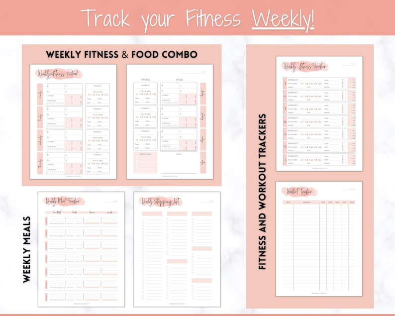 May include: A set of printable fitness and food trackers with a pink and white color scheme. The trackers include a weekly fitness tracker, a weekly meal tracker, a weekly shopping list, and a workout tracker.