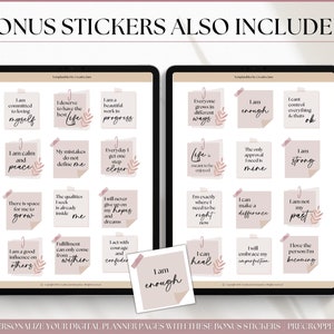 May include: A digital planner page with a set of 18 printable stickers featuring positive affirmations and motivational quotes. The stickers are in a pink and brown color scheme with a handwritten font. The stickers are pre-cropped and ready to be used in a digital planner.