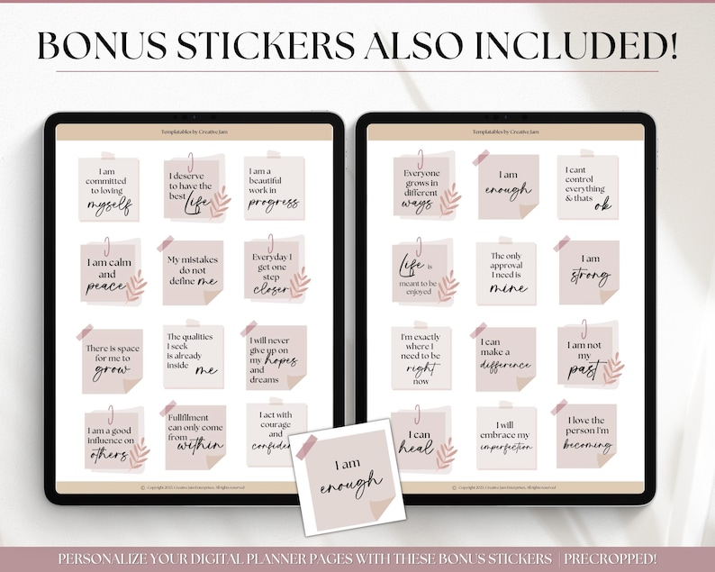 May include: A digital planner page with a set of 18 printable stickers featuring positive affirmations and motivational quotes. The stickers are in a pink and brown color scheme with a handwritten font. The stickers are pre-cropped and ready to be used in a digital planner.