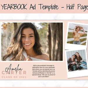 Halve pagina jaarboek AD-sjabloon, Senior & High School afstuderen, Grad aankondiging, schooljaarboek, fotokaart, jaarboekadvertentie, Grad eerbetoon