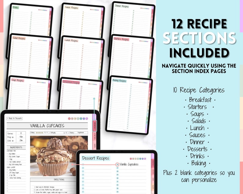 K&ouml;nnte beinhalten: Ein digitaler Planer mit 12 Abschnitten zum Organisieren von Rezepten. Der Planer enth&auml;lt 10 Rezeptkategorien: Fr&uuml;hst&uuml;ck, Vorspeisen, Suppen, Salate, Mittagessen, Saucen, Abendessen, Desserts, Getr&auml;nke und Backen. Er enth&auml;lt auch 2 leere Kategorien zur Personalisierung. Der Planer ist auf einer Seite f&uuml;r Dessert-Rezepte mit einem Bild von Vanille-Cupcakes ge&ouml;ffnet.