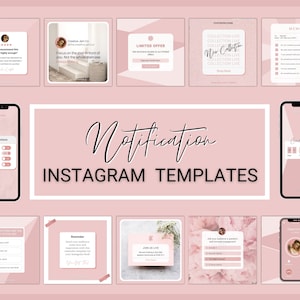 Op de afbeelding: Een verzameling roze Instagram-sjablonen met verschillende ontwerpen, waaronder citaatkaarten, een memo en telefoonmodellen. De tekst "Notification Instagram Templates" wordt weergegeven in een stijlvol lettertype.