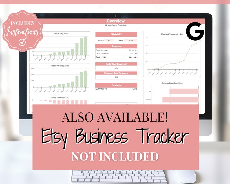 May include: A laptop screen displaying a spreadsheet with charts and graphs for tracking Etsy business revenue, expenses, and profit. The spreadsheet includes a summary section with total revenue, expenses, and profit. The spreadsheet also includes a section for tracking monthly revenue, expenses, and profit. The spreadsheet is titled "My Business Overview". The text "ALSO AVAILABLE! Etsy Business Tracker NOT INCLUDED" is displayed on a pink rectangle in front of the laptop.