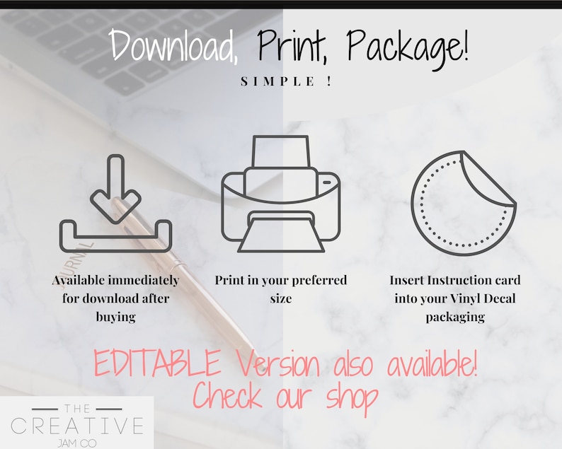K&ouml;nnte beinhalten: Eine Grafik mit drei Symbolen, die die Schritte zum Herunterladen, Drucken und Verpacken eines digitalen Produkts zeigen. Die Symbole sind ein Download-Pfeil, ein Drucker und ein Kreis mit einer abgezogenen Ecke. Der Text lautet "Download, Druck, Verpackung! EINFACH!" und "BEARBEITBARE Version ebenfalls verf&uuml;gbar! Schauen Sie in unserem Shop vorbei".