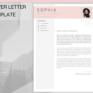 May include: A pink and white cover letter template with a city skyline background. The template includes a contact section with a phone number, email address, and a LinkedIn profile link. The text "DEAR HIRING MANAGER" is at the top of the page.