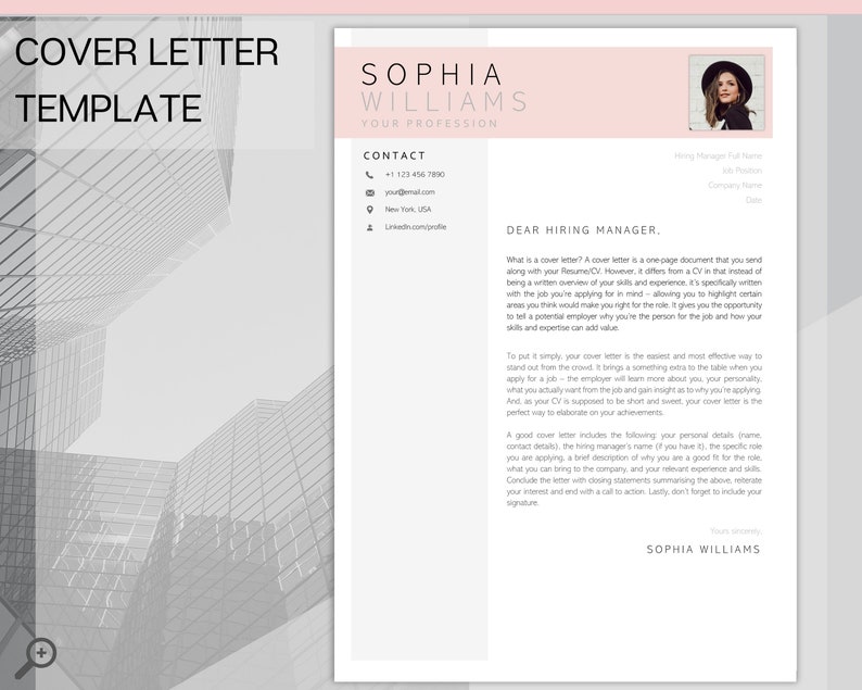 May include: A pink and white cover letter template with a city skyline background. The template includes a contact section with a phone number, email address, and a LinkedIn profile link. The text "DEAR HIRING MANAGER" is at the top of the page.