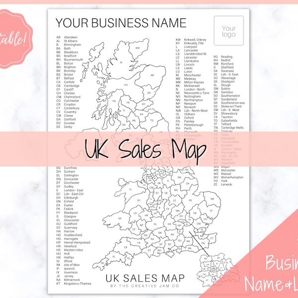 PERSONALISED UK Postcode Sales Map, Business Colour in Map, Etsy Sales Tracker, Post Code, Printable Map for Sales, Colouring Sheet, Color