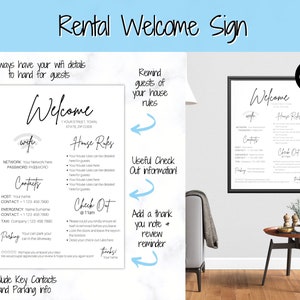 Op de afbeelding: Een zwart-wit welkomsbord voor huurwoningen met wifi-gegevens, huisregels, contactgegevens en parkeerinstructies. Het bord bevat de tekst "Welcome", "Wifi", "House Rules", "Contacts", "Check Out" en "Parking".