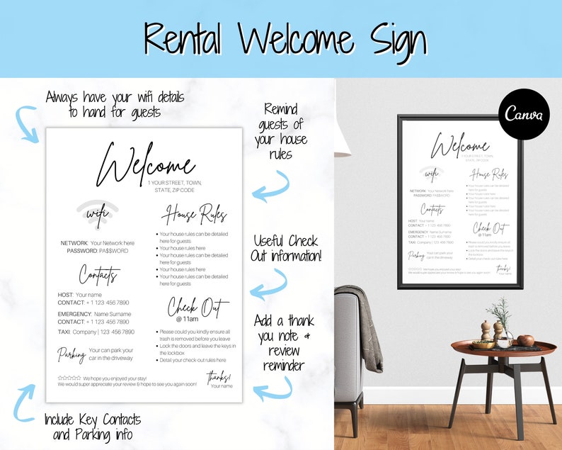 Op de afbeelding: Een zwart-wit welkomsbord voor huurwoningen met wifi-gegevens, huisregels, contactgegevens en parkeerinstructies. Het bord bevat de tekst "Welcome", "Wifi", "House Rules", "Contacts", "Check Out" en "Parking".