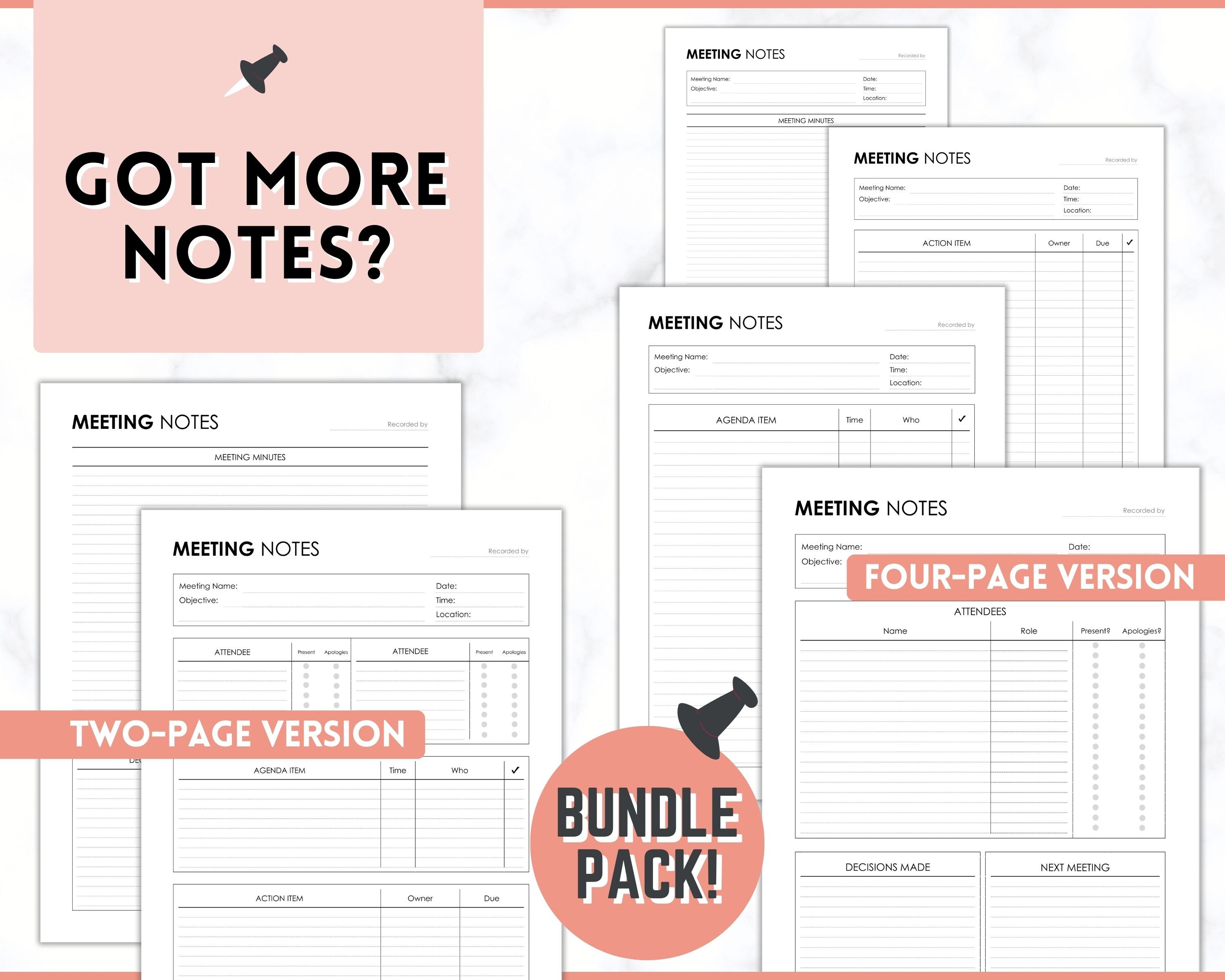 Editable Meeting Notes Template, Printable Business Meeting Minutes ...