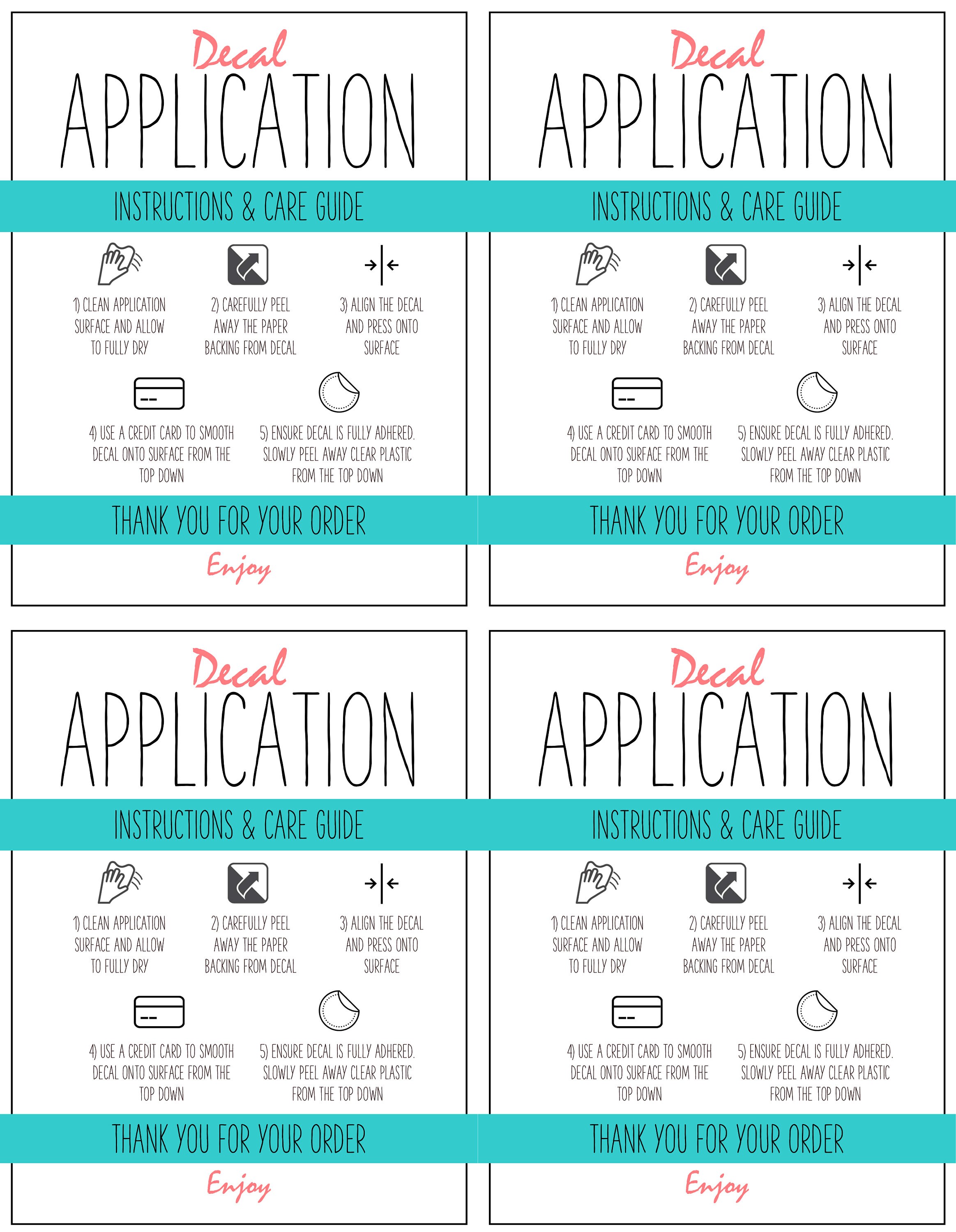 Printable Vinyl Decal Care Card Instructions. Decal Etsy