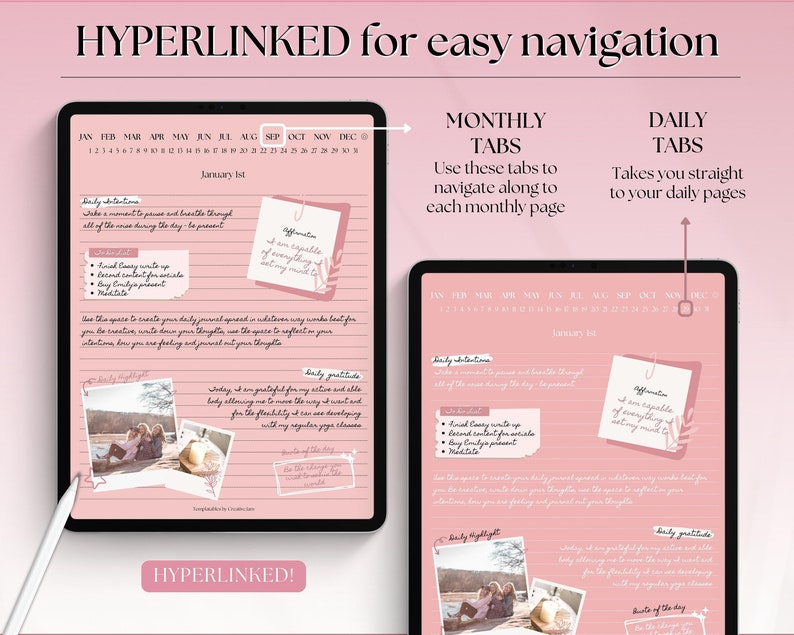 May include: Two pink digital planners with tabs for each month and day. The planner includes sections for daily routines, affirmations, daily highlights, and daily gratitude. The text "HYPERLINKED!" appears at the bottom of the image.