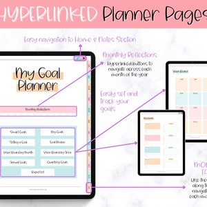 May include: A digital planner app interface with a pink, blue and white colour scheme. The app is designed to help users set and track goals. The app includes sections for smart goals, daily goals, vision boards, annual goals and quarterly goals. The app also includes a monthly reflection section and a monthly tab section.