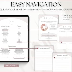 May include: A digital tablet screen displaying a pink and white anxiety journal with a table of contents, journal prompts, and pages titled "The Cycle of Anxiety", "The Present Self", "Exploring Roots and Origins", and "Boundaries and Assertiveness". The journal is hyperlinked, allowing users to easily navigate between pages.