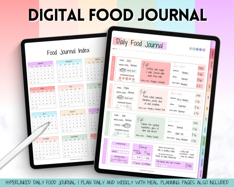 Digital Food Dairy, Colorful Food Journal & Weekly Meal Planner, Daily Food Tracker, Digital Planner, GoodNotes, Diet Journal, Fitness