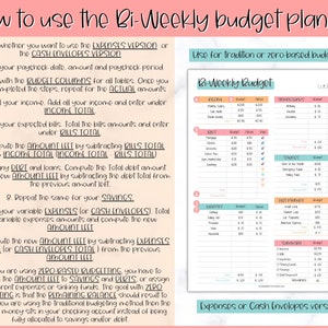 May include: A printable bi-weekly budget planner with instructions on how to use the planner. The planner includes sections for income, bills, savings, debt, expenses, and a summary. The planner is designed for use with either the expenses or cash envelope method of budgeting.