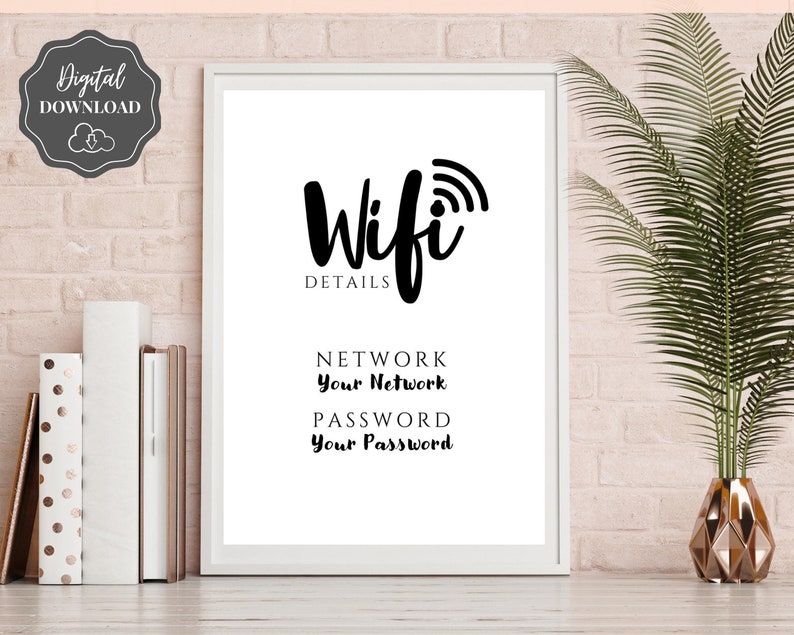 Znak hasła Wi-Fi, edytowalny szablon znaku Wi-Fi do druku, znak Be Our Guest, znak hasła Wi-Fi, pokój gościnny Airbnb, sztuka ścienna, wystrój, Wi-Fi zdjęcie 3