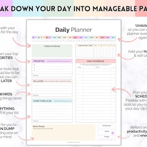 May include: A printable daily planner with a pink, green, and blue color scheme. The planner includes sections for today's focus, priorities, do later, rewards, everything else, brain dump, habits and self care, and a daily schedule. The planner is undated so it can be used over and over again.