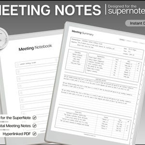 May include: Digital meeting notes template with the text "MEETING NOTES" and "Meeting Notebook". The template includes sections for meeting summaries, agendas, and action items. The design is clean and professional, with a focus on organization and clarity.