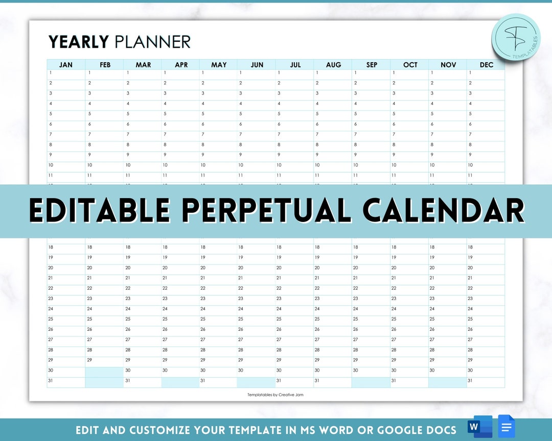 Perpetual Calendar, EDITABLE Yearly Overview, Undated Year at a Glance, Reusable Calendar, Year ...