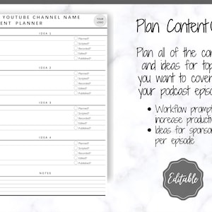 May include: A black and white printable content planner for a YouTube channel. The planner includes sections for topic, idea, sponsor, and notes. It also includes checkboxes for planned, scripted, recorded, edited, and published.