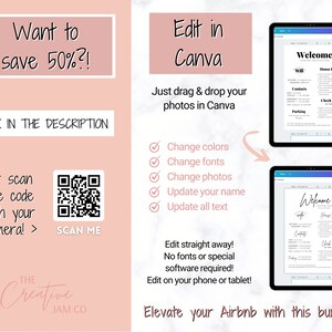 Peut inclure: Un graphique rose et blanc avec le texte "Voulez-vous &eacute;conomiser 50%?!" et "Lien dans la description". Un code QR est affich&eacute; avec le texte "Scanner moi". Le texte "Modifier dans Canva" est affich&eacute; en rose. Une liste de fonctionnalit&eacute;s est affich&eacute;e : "Changer les couleurs", "Changer les polices", "Changer les photos", "Mettre &agrave; jour votre nom", "Mettre &agrave; jour tout le texte". Le texte "Modifier tout de suite ! Pas besoin de polices ou de logiciels sp&eacute;ciaux ! Modifiez sur votre t&eacute;l&eacute;phone ou votre tablette !" est affich&eacute;. Deux images d'un guide de bienvenue pour Airbnb sont affich&eacute;es. Le texte "Bienvenue" est affich&eacute; sur les deux images. Le texte "Rehaussez votre Airbnb avec ce pack !" est affich&eacute;.