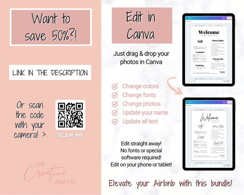 Peut inclure: Un graphique rose et blanc avec le texte "Voulez-vous &eacute;conomiser 50%?!" et "Lien dans la description". Un code QR est affich&eacute; avec le texte "Scanner moi". Le texte "Modifier dans Canva" est affich&eacute; en rose. Une liste de fonctionnalit&eacute;s est affich&eacute;e : "Changer les couleurs", "Changer les polices", "Changer les photos", "Mettre &agrave; jour votre nom", "Mettre &agrave; jour tout le texte". Le texte "Modifier tout de suite ! Pas besoin de polices ou de logiciels sp&eacute;ciaux ! Modifiez sur votre t&eacute;l&eacute;phone ou votre tablette !" est affich&eacute;. Deux images d'un guide de bienvenue pour Airbnb sont affich&eacute;es. Le texte "Bienvenue" est affich&eacute; sur les deux images. Le texte "Rehaussez votre Airbnb avec ce pack !" est affich&eacute;.