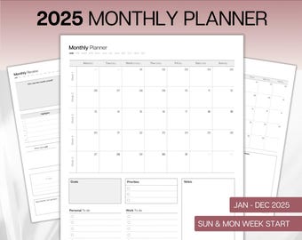 Calendario mensual 2025, páginas imprimibles del planificador mensual con fecha 2025, resumen mensual, lista de tareas pendientes mensuales, resumen del mes, planificador 2025