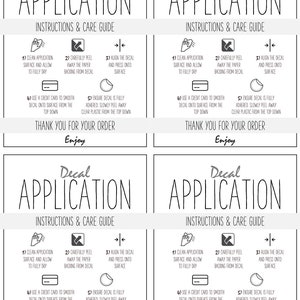 K&ouml;nnte beinhalten: Eine schwarz-wei&szlig;e Grafik mit Anweisungen zum Anbringen eines Aufklebers. Die Grafik enth&auml;lt den Text "Decal Application" und "Instructions & Care Guide".