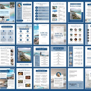 May include: A collection of 20-page guides for The Beach Villa, featuring a blue and white design. The guides include information on emergency contacts, local sites, things to do, and a checklist. The cover includes the text "WELCOME THE BEACH VILLA".