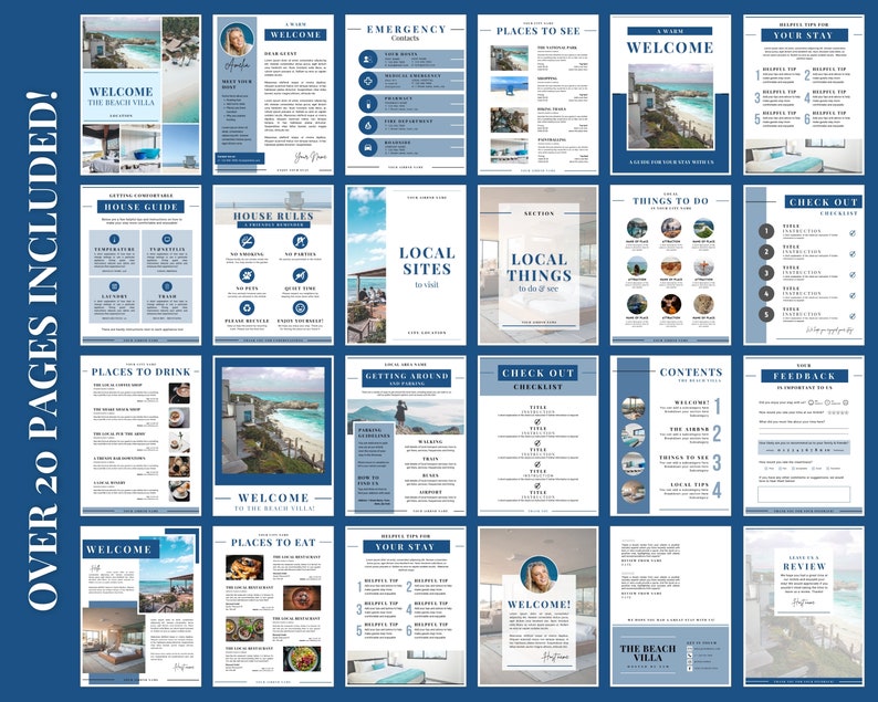 May include: A collection of 20-page guides for The Beach Villa, featuring a blue and white design. The guides include information on emergency contacts, local sites, things to do, and a checklist. The cover includes the text "WELCOME THE BEACH VILLA".
