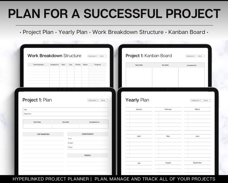 May include: A black and white printable project planner with four sections: Work Breakdown Structure, Project 1: Plan, Project 1: Kanban Board, and Yearly Plan. The planner includes sections for tasks, deadlines, priorities, and progress.