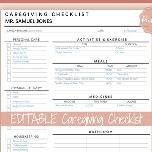 Caregiving Elderly Care Checklist. EDITABLE Printable is ideal for Caregivers. Daily cleaning, Daily Tasks, Housekeeping, Care log Template image 1