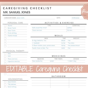 Caregiving Elderly Care Checklist. EDITABLE Printable is ideal for Caregivers. Daily cleaning, Daily Tasks, Housekeeping, Care log Template