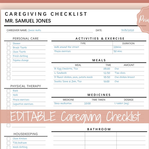 Caregiving Elderly Care Checklist. EDITABLE Printable is ideal for Caregivers. Daily cleaning, Daily Tasks, Housekeeping, Care log Template