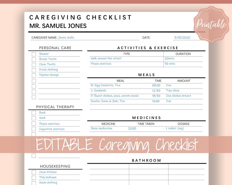 Caregiving Elderly Care Checklist. EDITABLE Printable is ideal for Caregivers. Daily cleaning, Daily Tasks, Housekeeping, Care log Template image 1