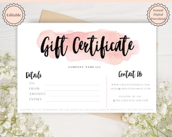 Gift Certificate Template, Editable Gift Card template, Gift Voucher, DIY Shop Voucher Template. DIY Coupons for last minute gift. Editable.