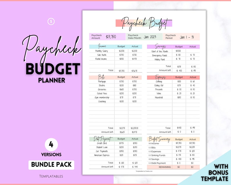 Gehaltsabrechnungsbudgetplaner, EDITIERBARE Budget nach Gehaltsabzugsvorlage, PDF druckbare Budgetverfolgung, Haushaltsplaner, nullbasierte Budgetplaner Bild 1