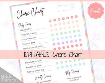 Editable Chore Chart Printable. Reward Chart Template, Daily & Weekly Chores, Responsibility Chart, Routine Chart Checklist, Pink, Girls