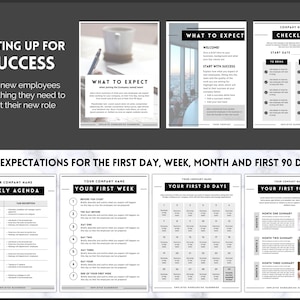 Peut inclure: Un guide d'int&eacute;gration imprimable en noir et blanc pour les nouveaux employ&eacute;s. Le guide comprend une liste de contr&ocirc;le, un message de bienvenue et un ordre du jour hebdomadaire. Le guide comprend &eacute;galement une section sur la d&eacute;finition des attentes pour le premier jour, la premi&egrave;re semaine, le premier mois et les 90 premiers jours.